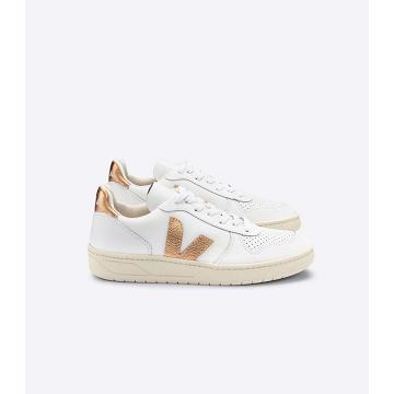 Sneakersy Veja V-10 LEATHER Damskie White/Gold | VEJA568-PL