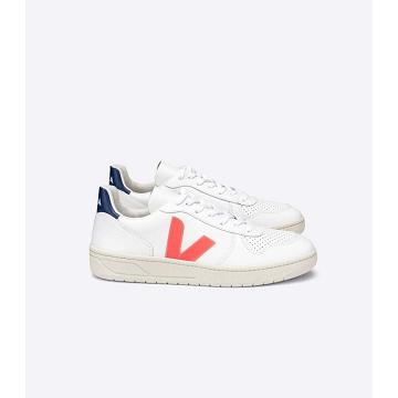 Sneakersy Veja V-10 LEATHER Damskie White/Orange/Blue | VEJA573-PL